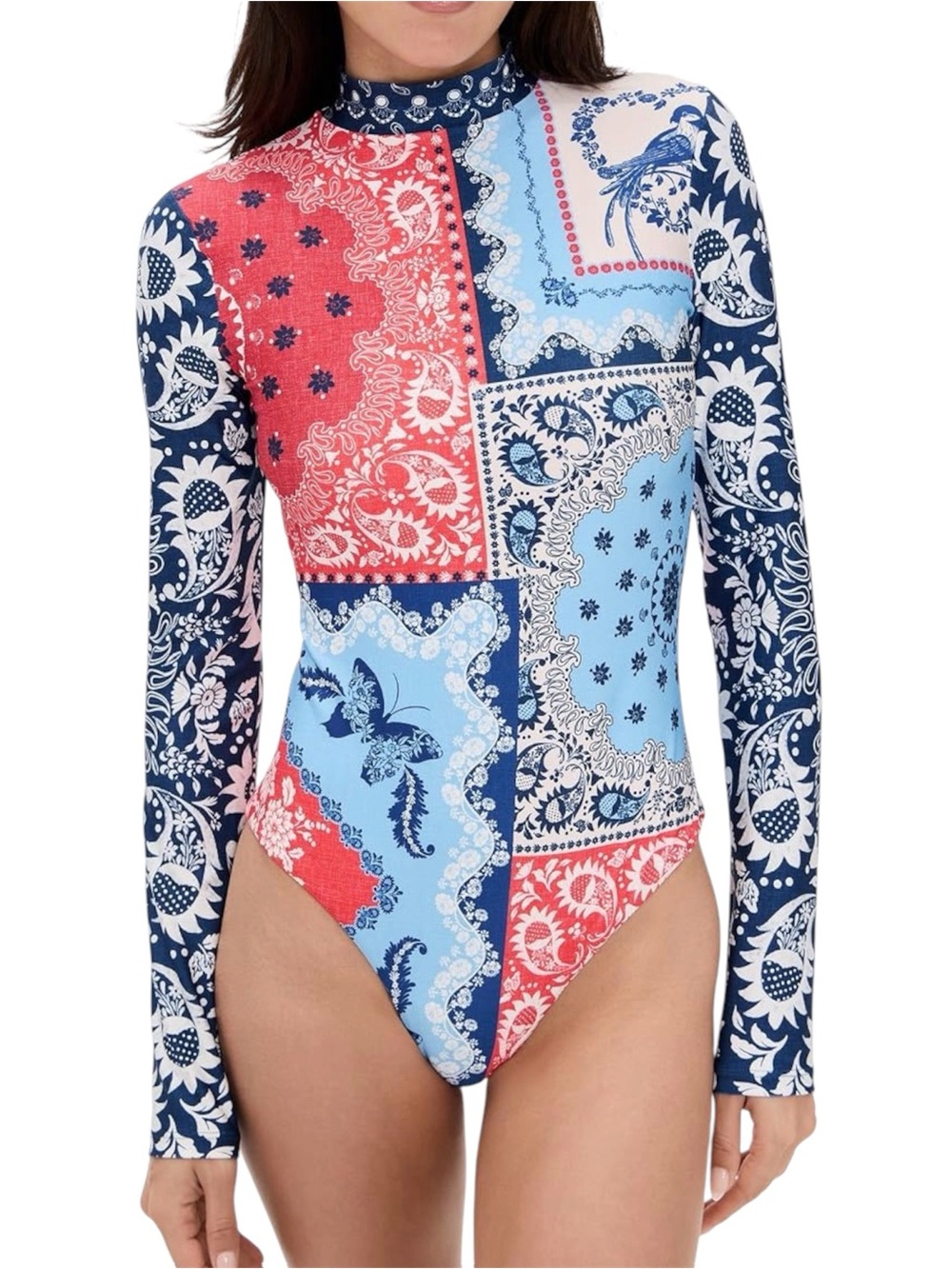 Agua Bendita Mei Atma One-Piece Swimsuit Blue & Red Paisley Patte Size Large NWT